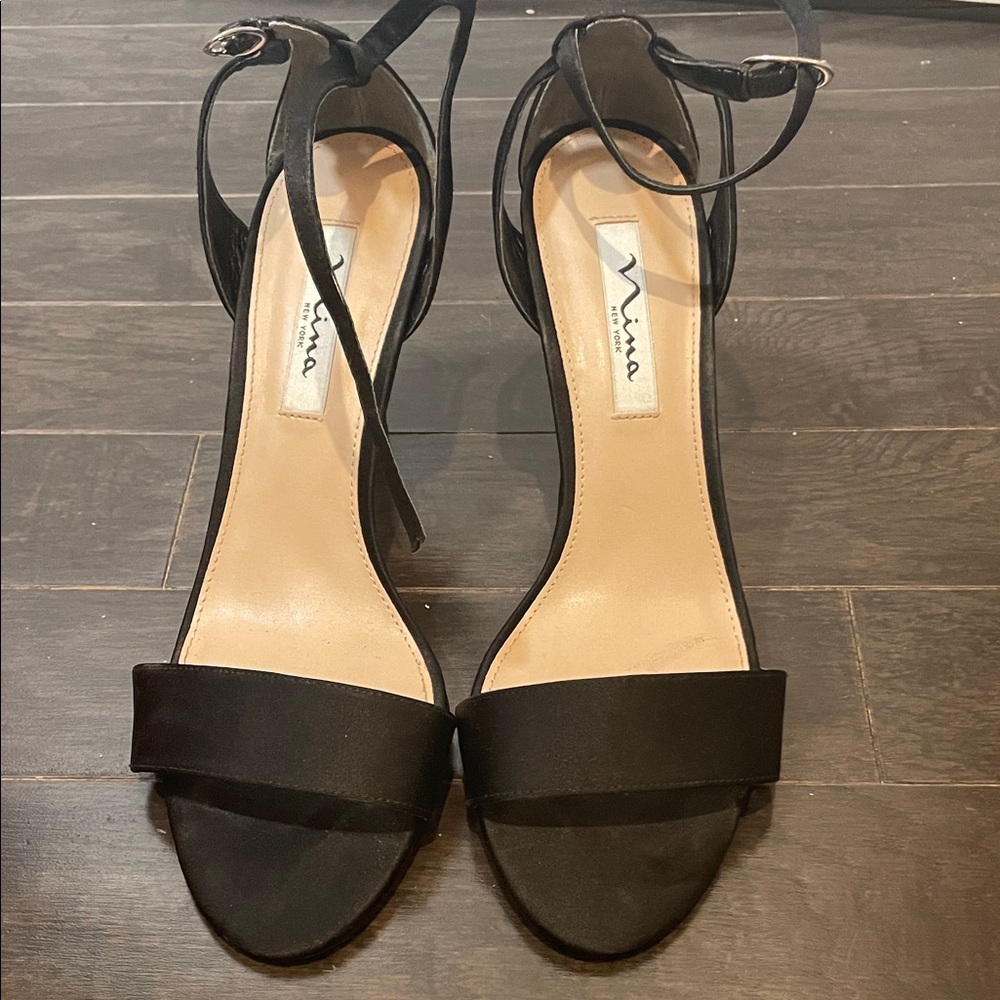 Nina Black Satin Strappy Heels